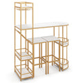 3 Pieces Bar Table Set with Storage Shelves and Wine Rack-Golden