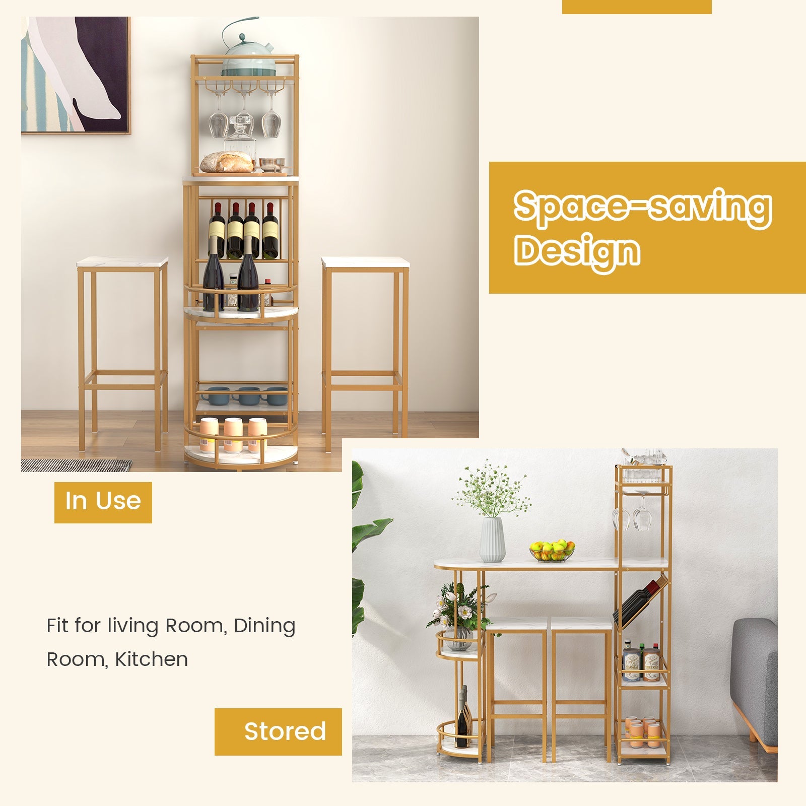 3 Pieces Bar Table Set with Storage Shelves and Wine Rack-Golden