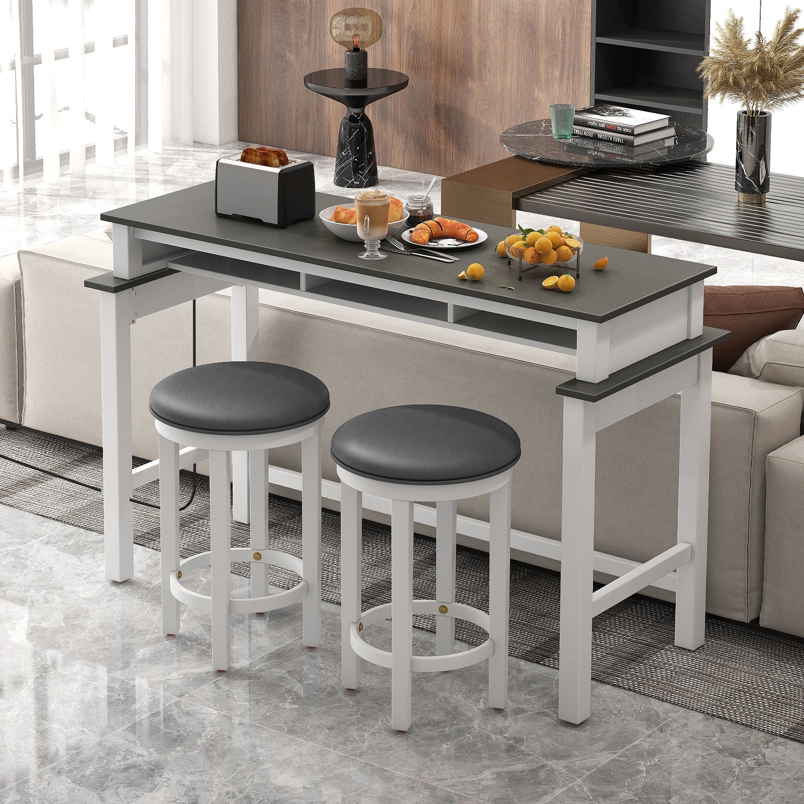 3-Piece Home Bar Set with 2 Upholstered Bar Stools Outlets and USB Ports