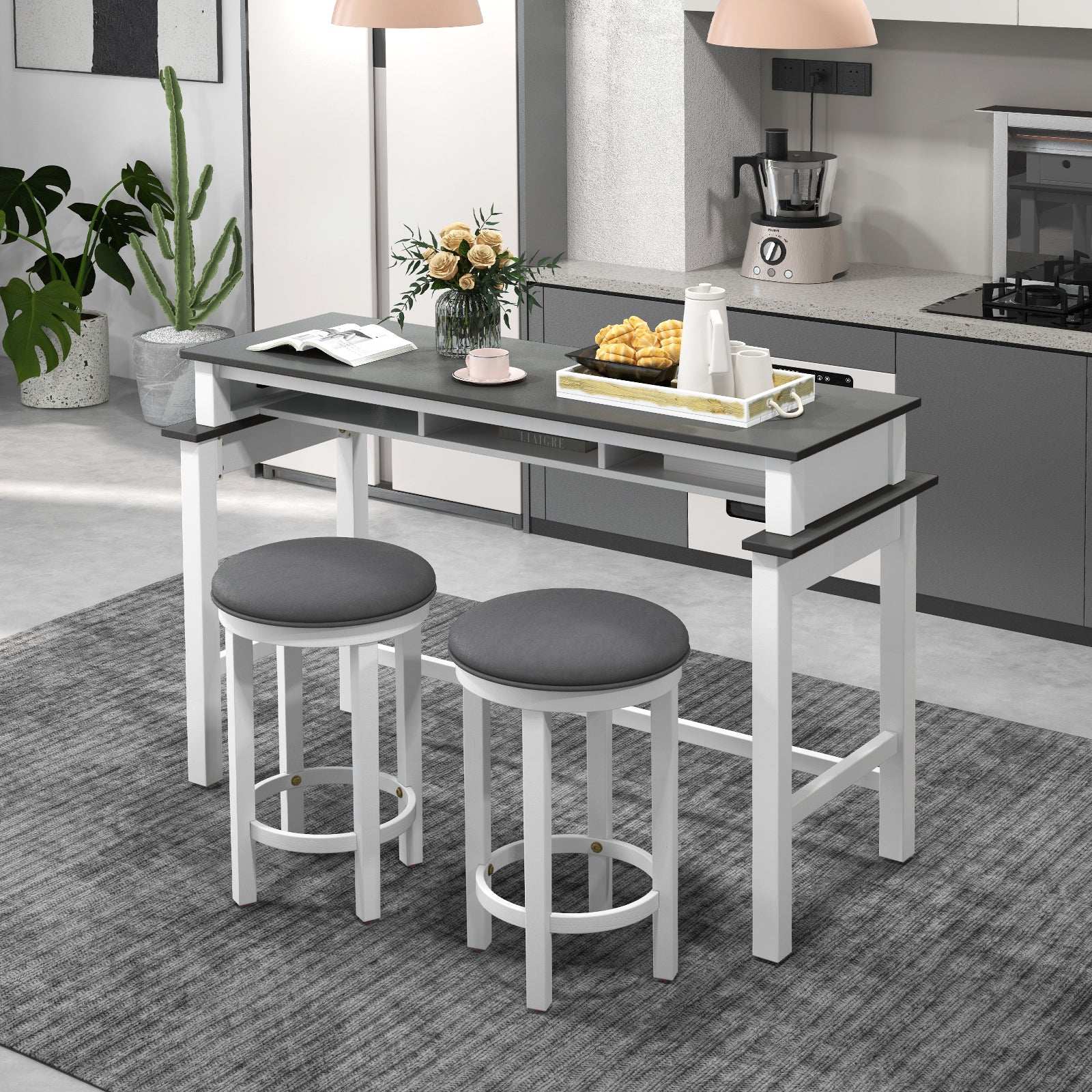 3-Piece Home Bar Set with 2 Upholstered Bar Stools Outlets and USB Ports