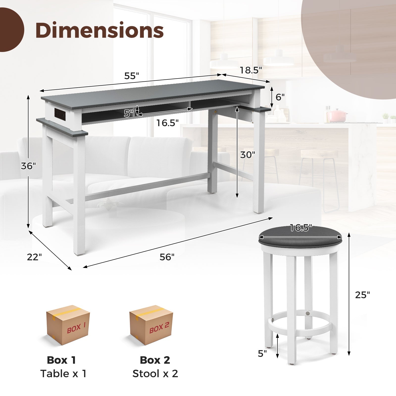 3-Piece Home Bar Set with 2 Upholstered Bar Stools Outlets and USB Ports