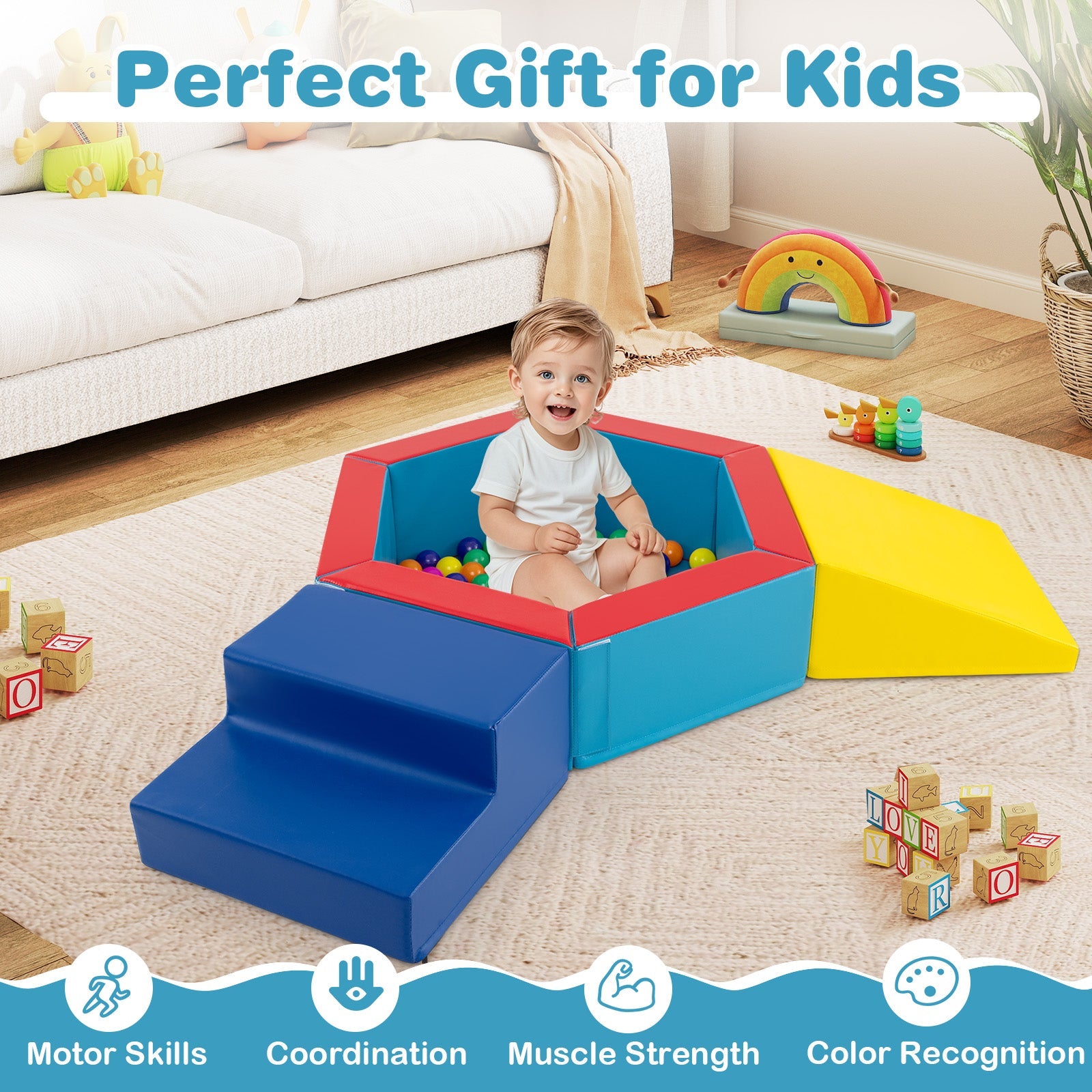 3-Piece Baby Foam Climbing Blocks Climb and Crawl Set with 100 Ocean Balls