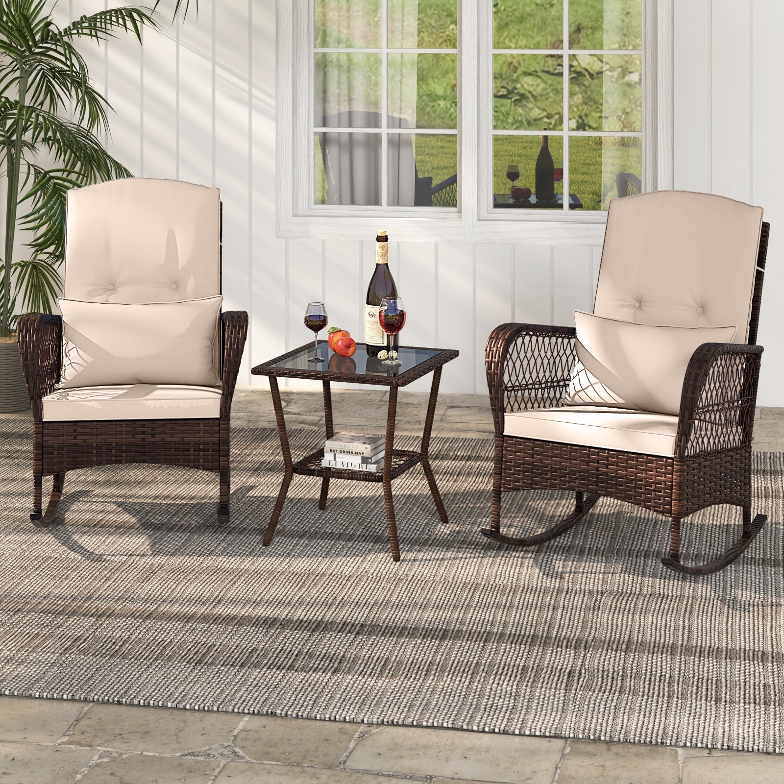 3 Pieces Rocking Bistro Set with 2-Tier Coffee Table