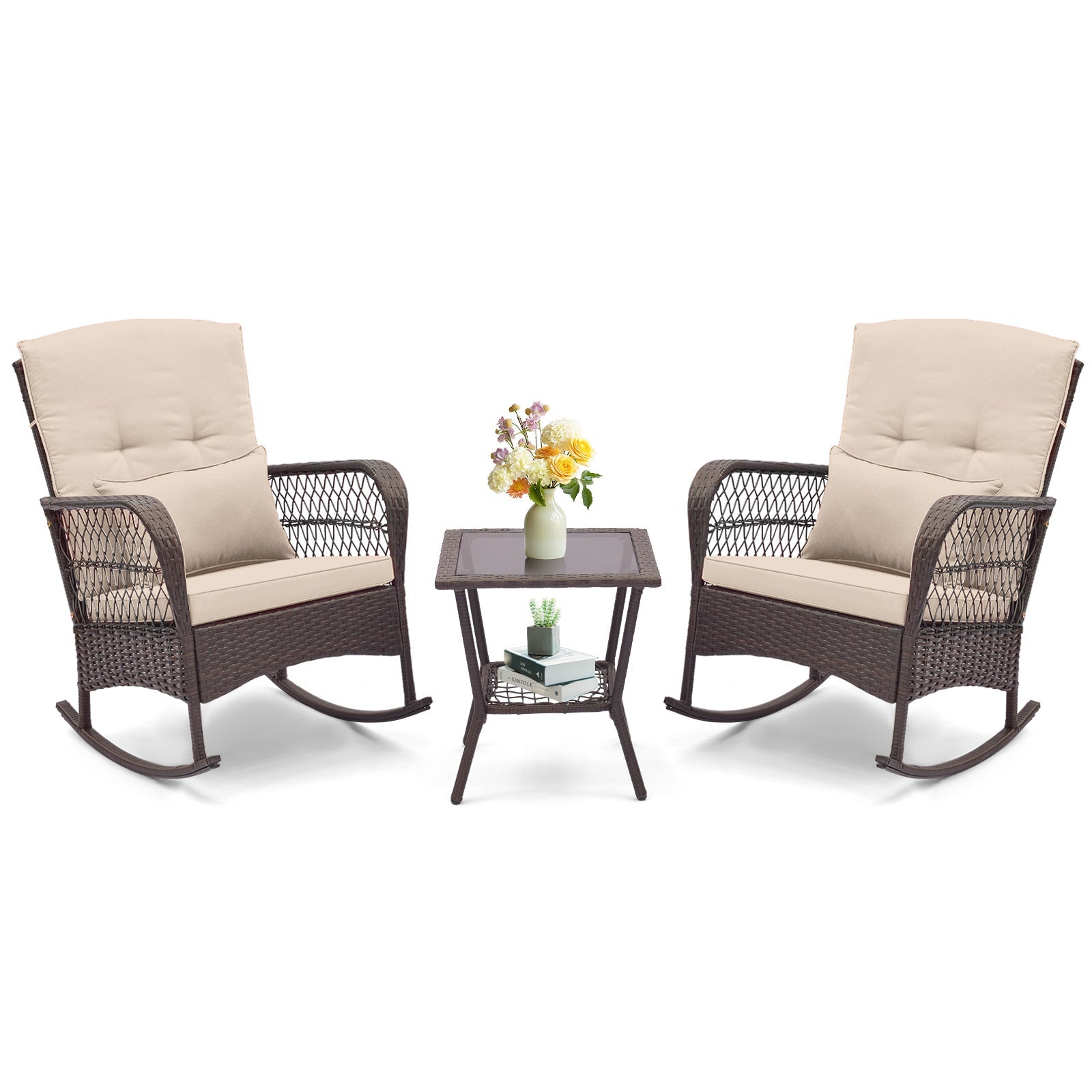 3 Pieces Rocking Bistro Set with 2-Tier Coffee Table