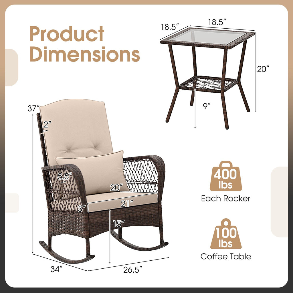 3 Pieces Rocking Bistro Set with 2-Tier Coffee Table