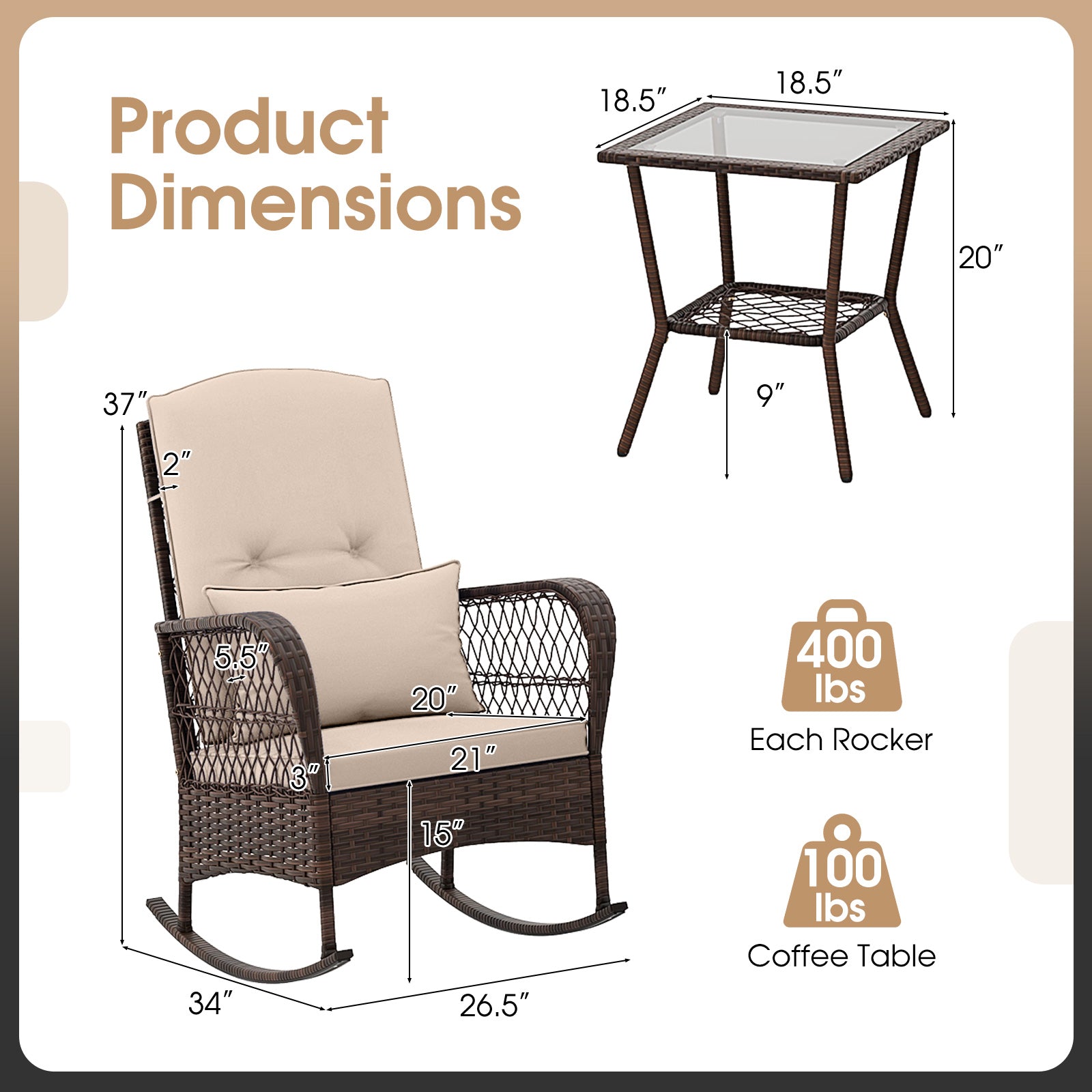 3 Pieces Rocking Bistro Set with 2-Tier Coffee Table