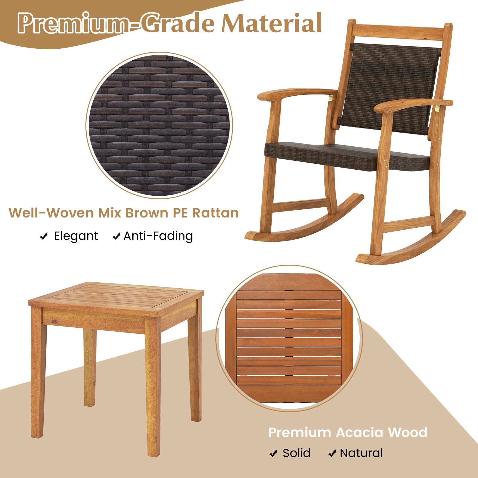 3 Pieces Acacia Wood Patio Rocking Chair Set with Side Table
