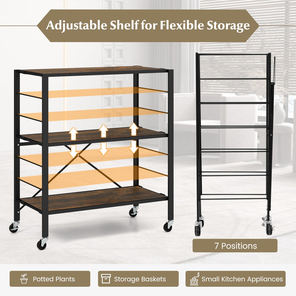 3-Tier Foldable Shelving Unit with Detachable Wheels and Adjustable Shelves