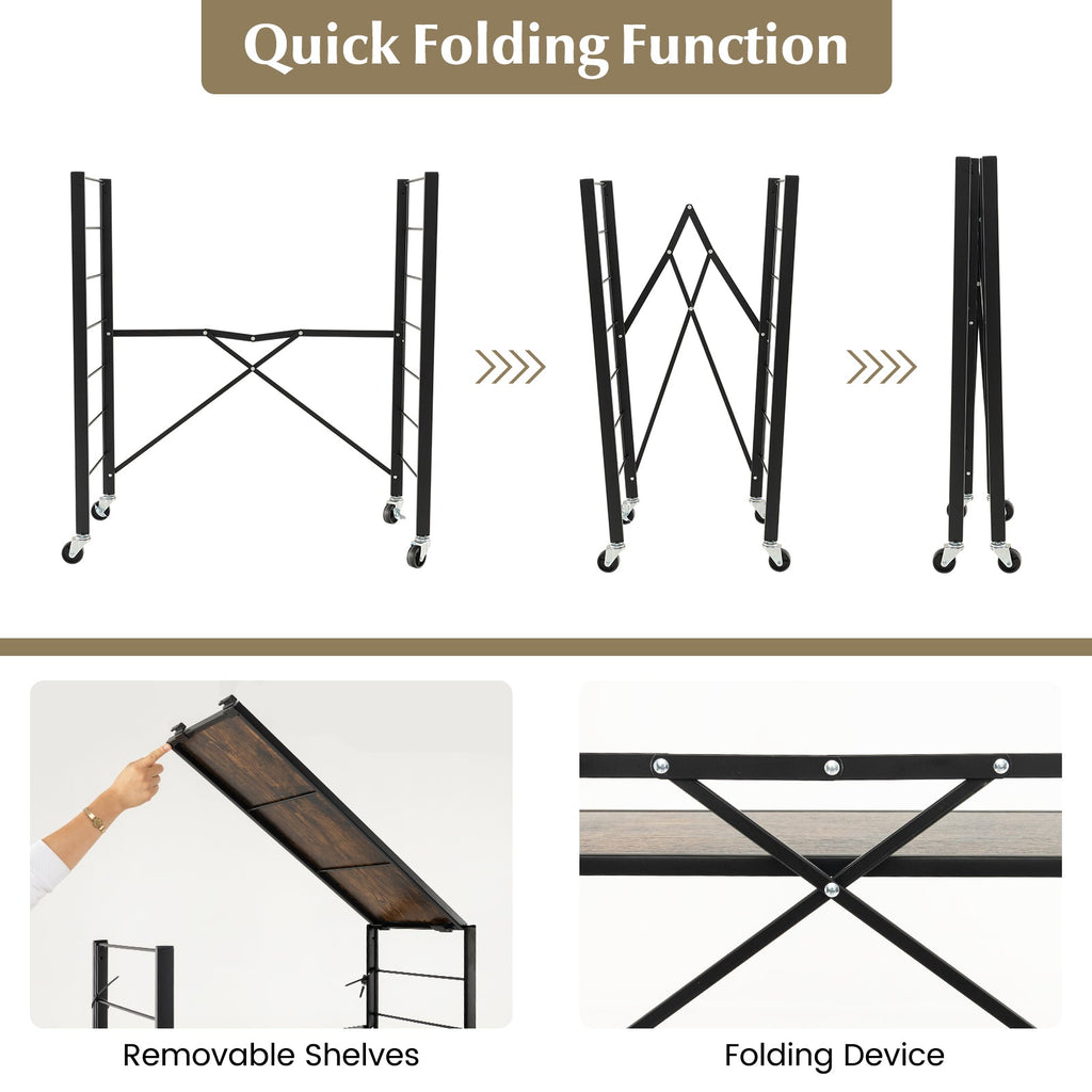 3-Tier Foldable Shelving Unit with Detachable Wheels and Adjustable Shelves