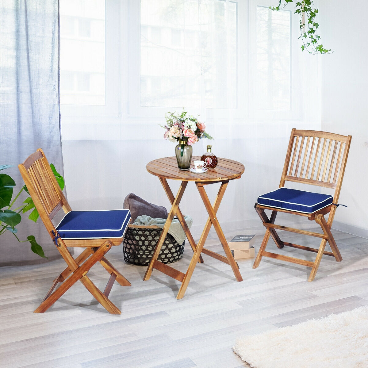 3 Pieces Patio Folding Bistro Set with Padded Cushion and Round Coffee Table-Navy
