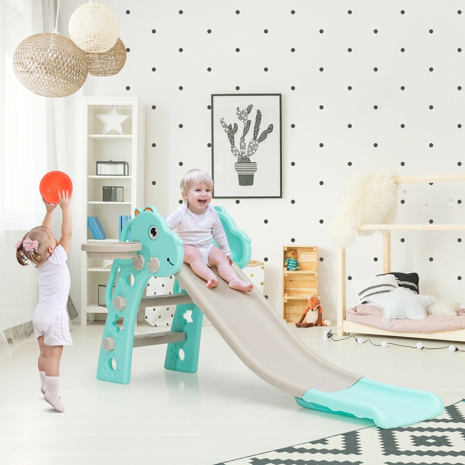 3-in-1 Kids Slide Baby Play Climber Slide Set with Basketball Hoop