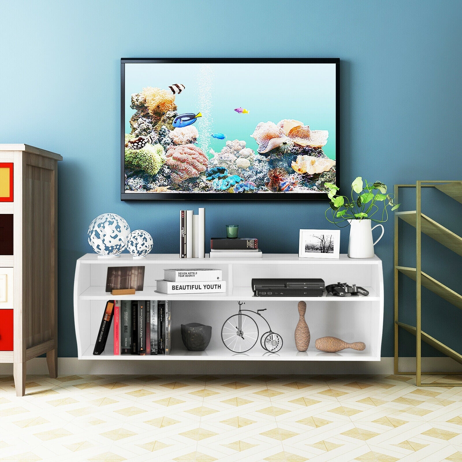 48.5 Inch 2 Tier Modern Wall Mounted Hanging Floating Shelf