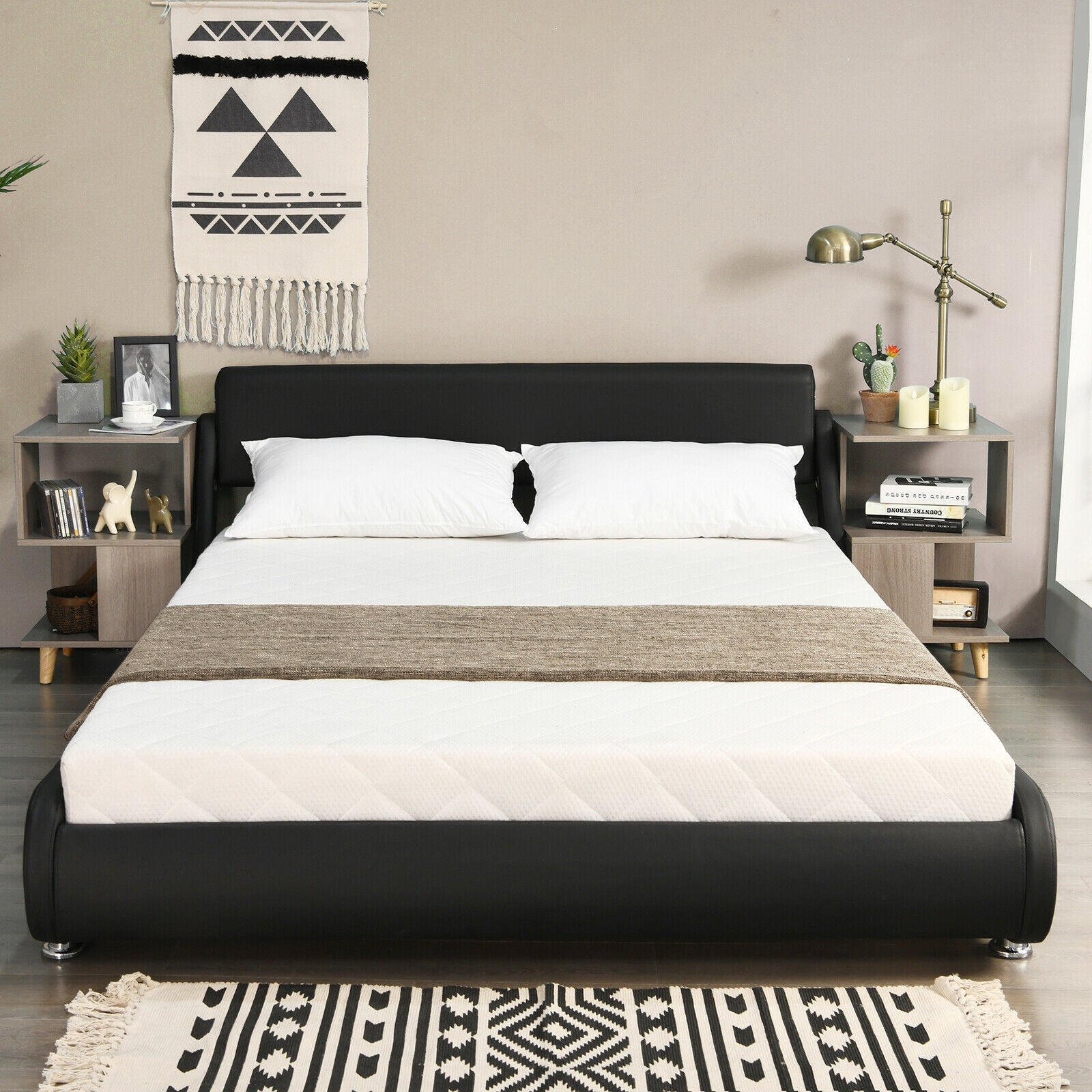 Full Size Faux Leather Upholstered Platform Bed Adjustable Headboard-Black