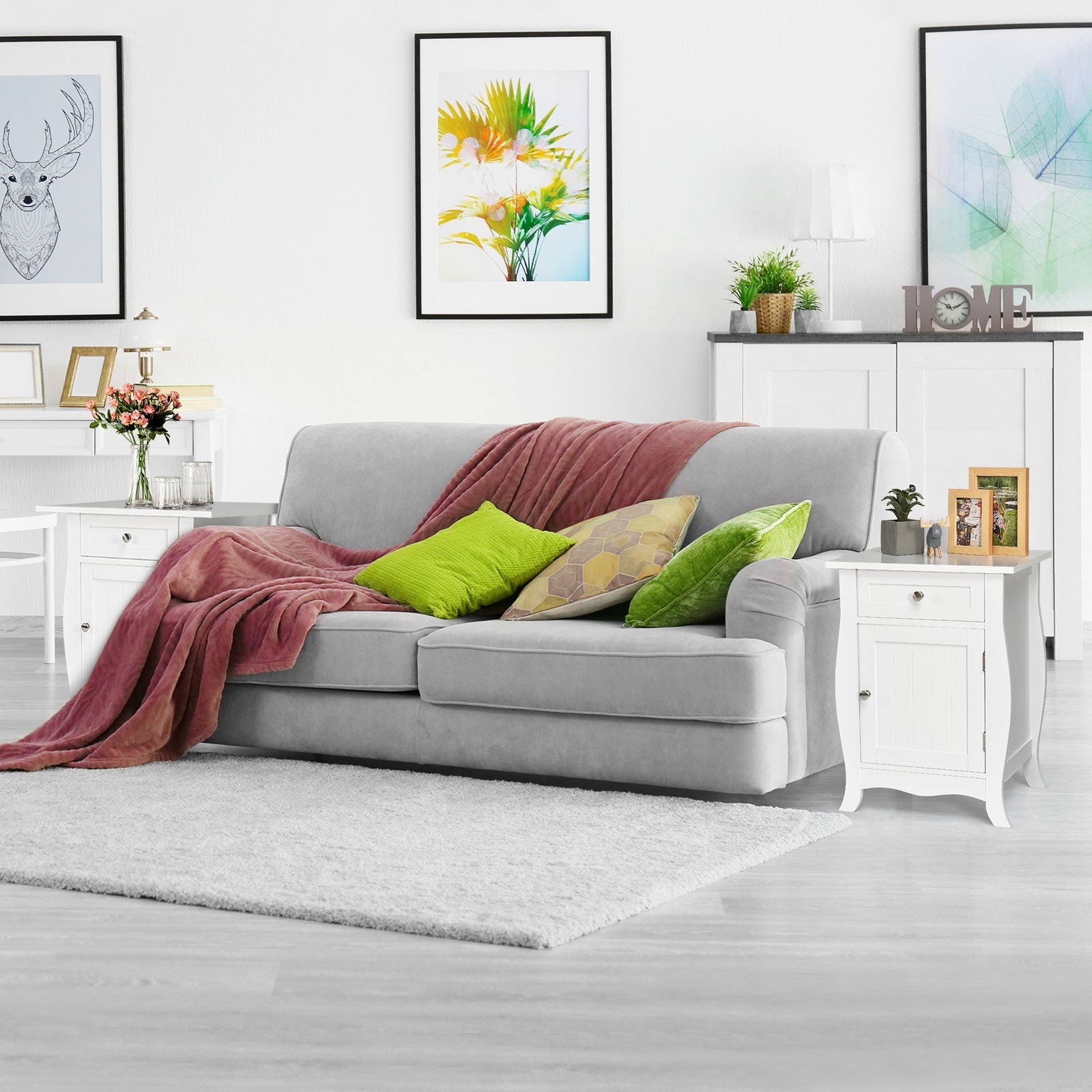Wooden Accent End Table with Drawer Storage Cabinet Nightstand-White