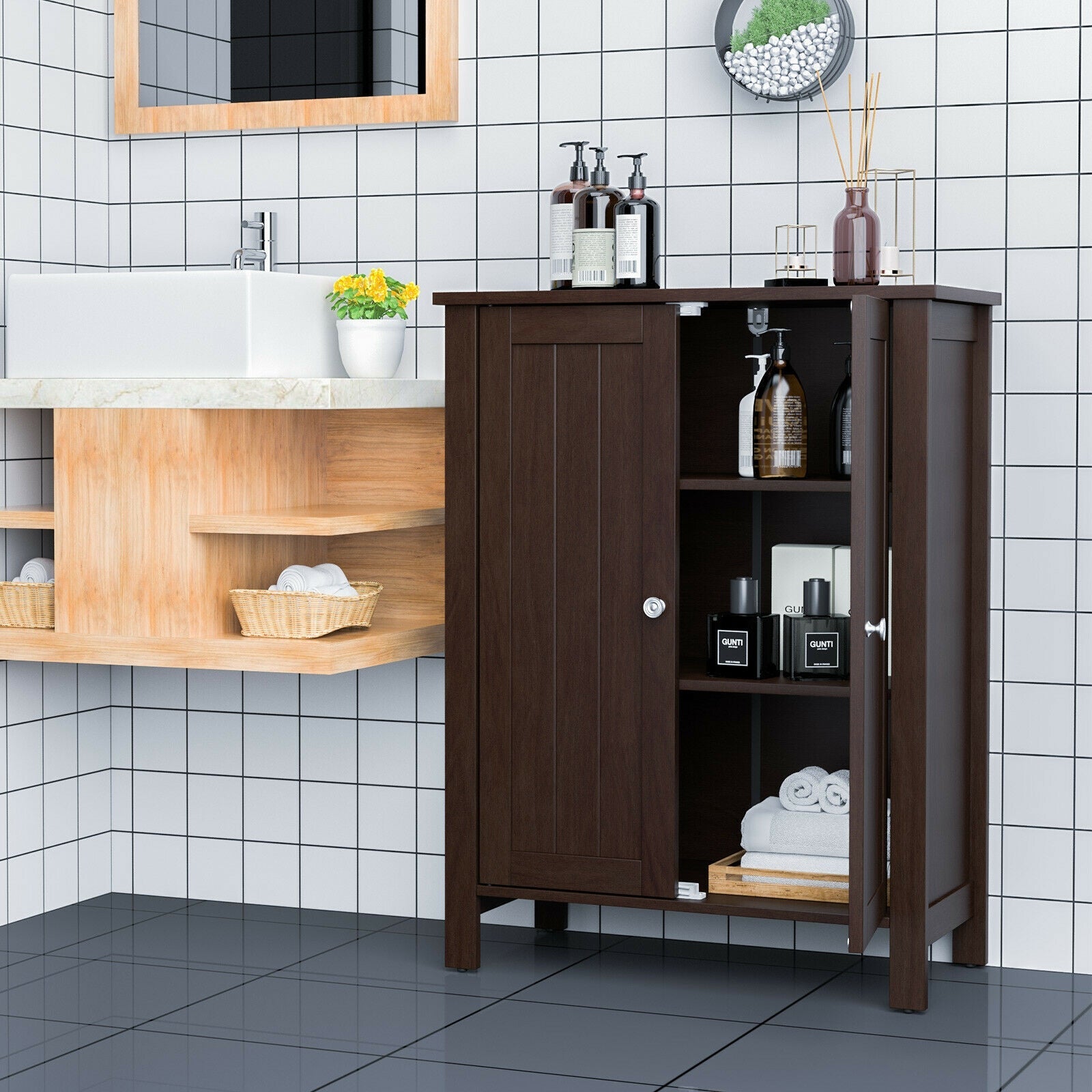 2-Door Bathroom Floor Storage Cabinet Space Saver Organizer