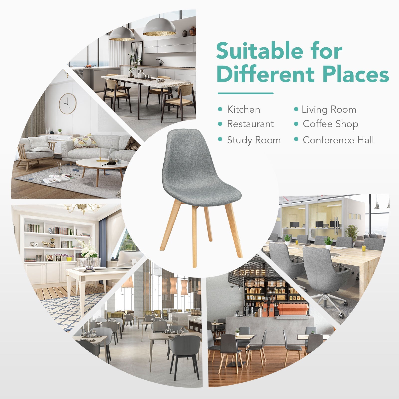 4 Pieces Modern Dining Chair Set with Wood Legs and Fabric Cushion Seat