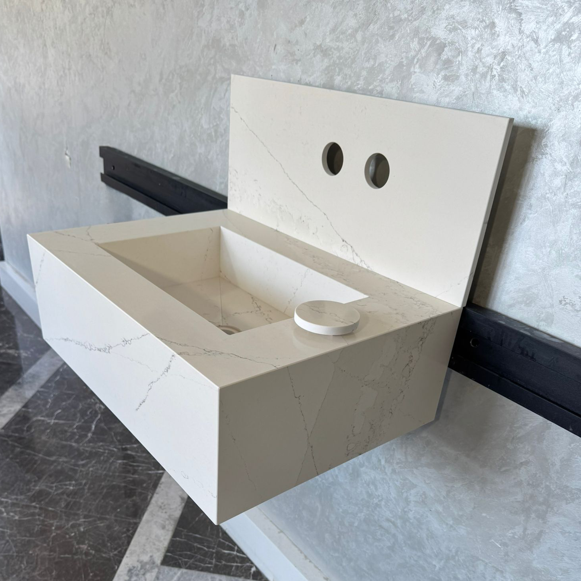 Engineered Quartz Bathroom Vessel Sink Handmade Modern Design Integrated Countertop