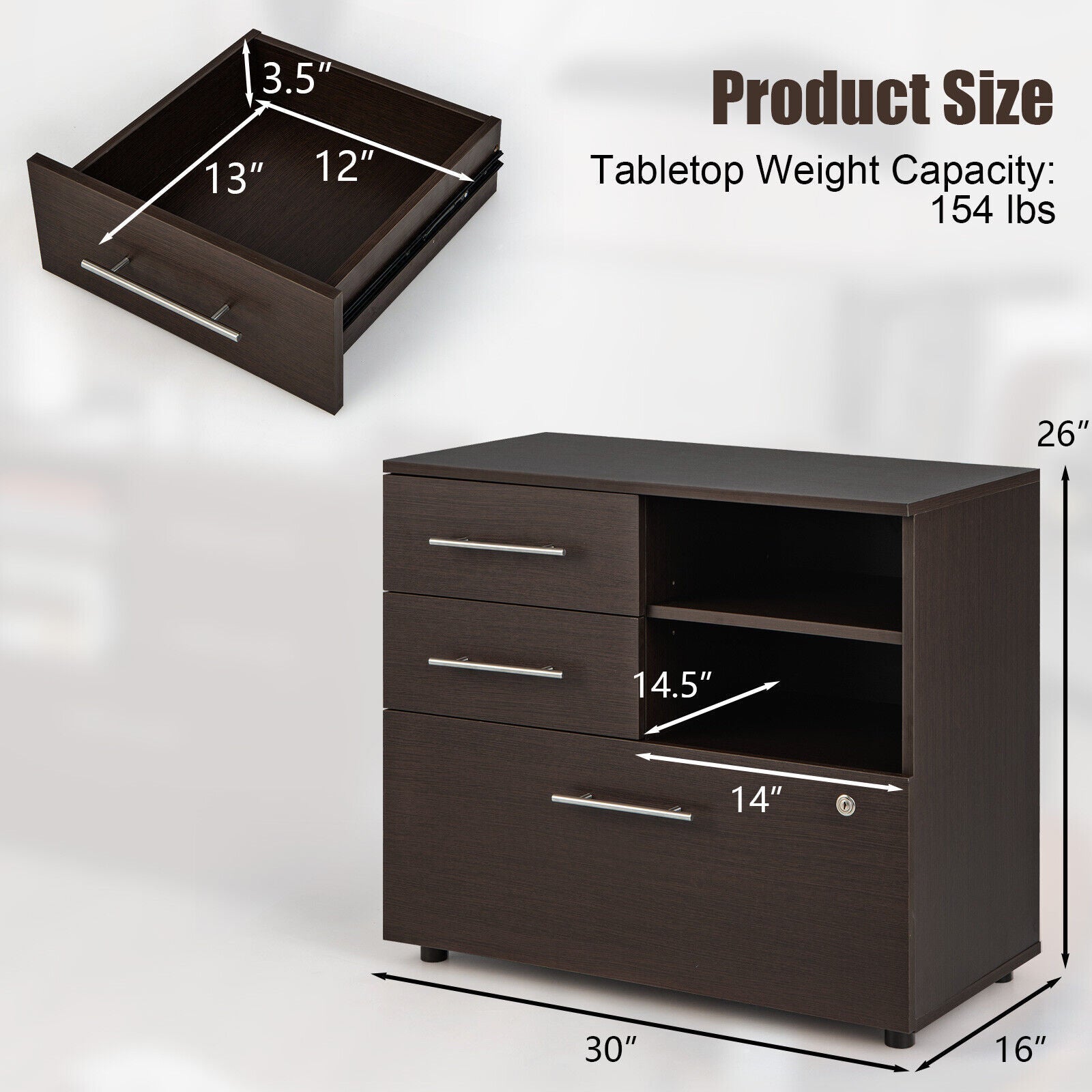 3 Drawer Lateral File Cabinet on Wheels with Storage Shelves