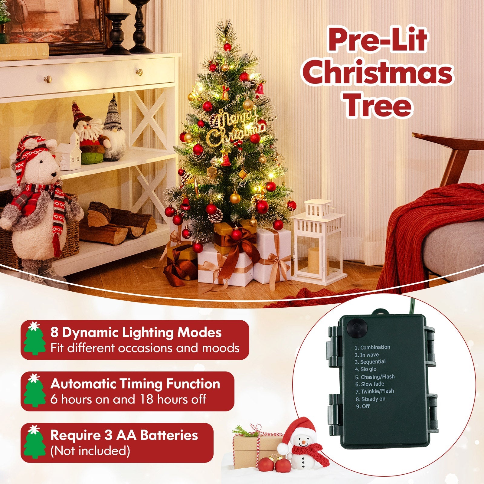 3 FT Battery-Operated Tabletop Holiday Decoration with 81 PVC and Pine Needles