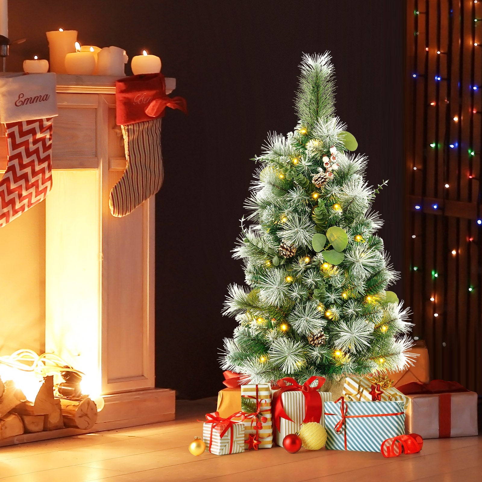 3 FT Pre-Lit Artificial Mini Christmas Tree with 98 Flocked PVC and Pine Needles