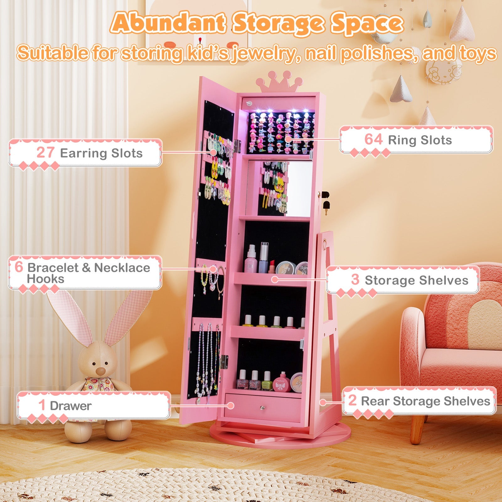 3 In 1 Kids Jewelry Cabinet with 3-Color Lighted Full Length Mirror and Internal Mirror