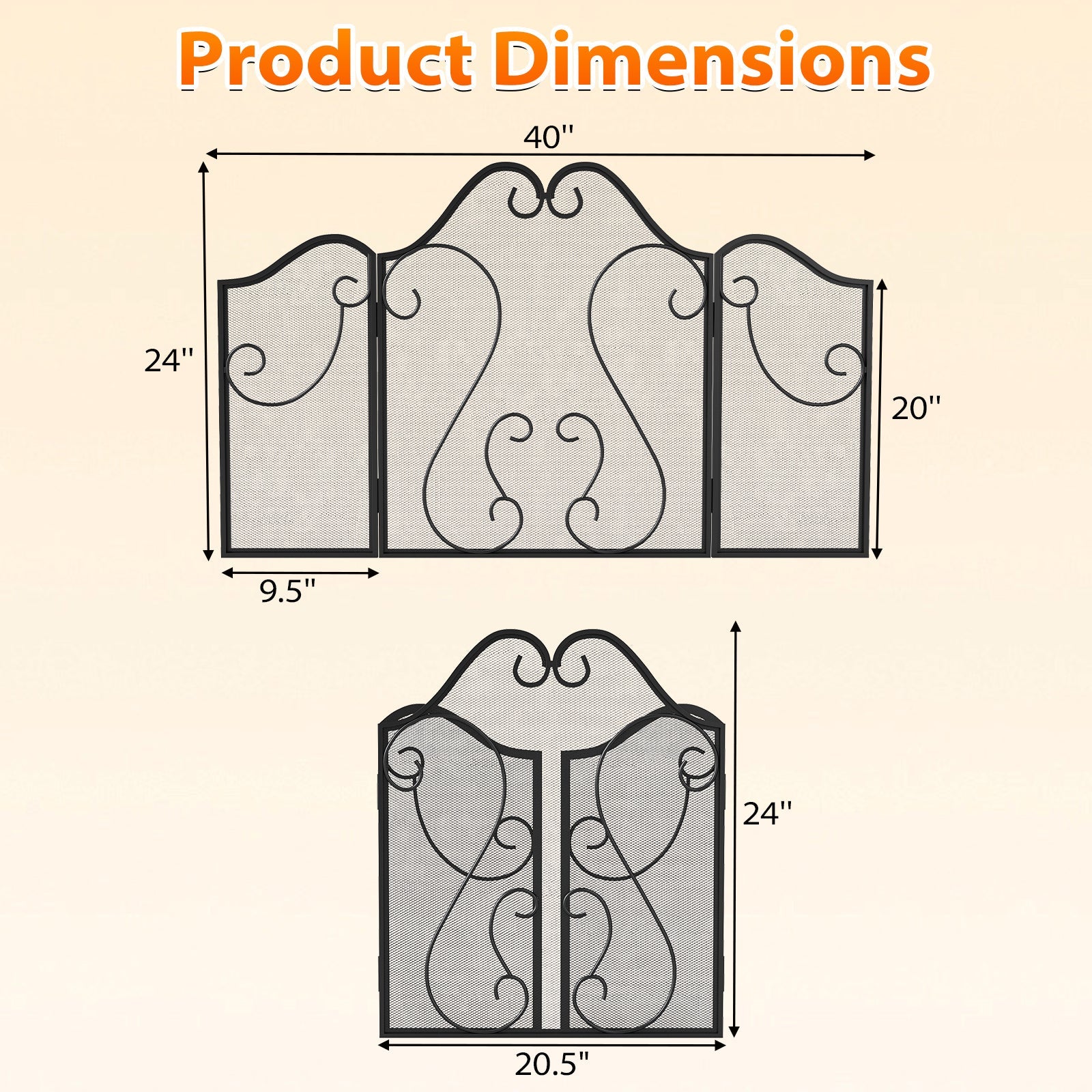 3 Panel Fireplace Screen Foldable Spark Guard Cover with Decorative Scroll