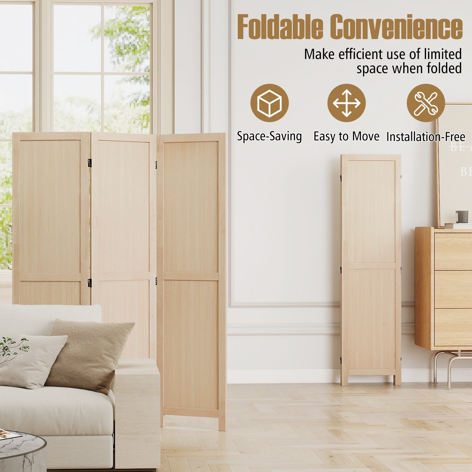 3 Panel Folding Room Divider for Home Office Bedroom Restaurant-Beige