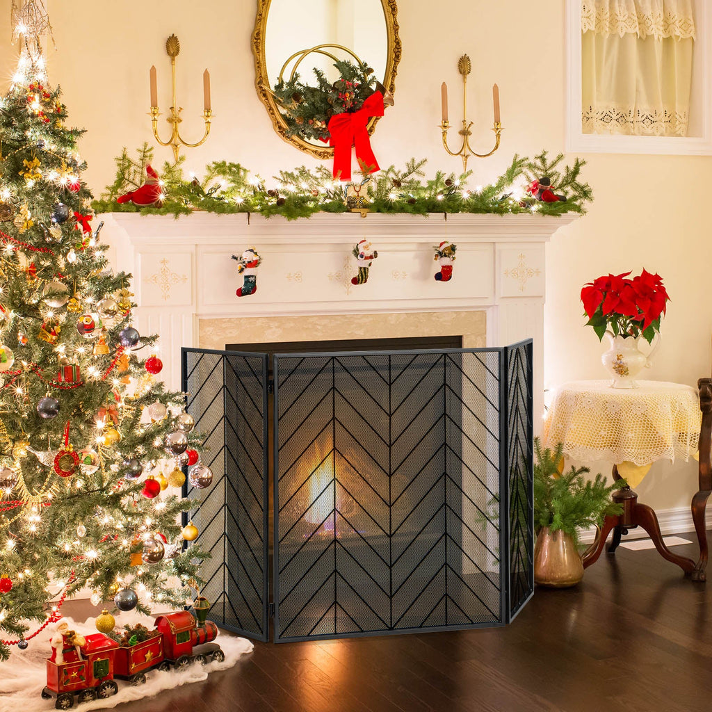3-Panel Metal Foldable Fireplace Screen with Metal Mesh