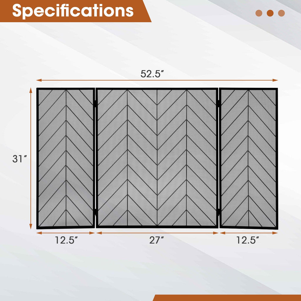 3-Panel Metal Foldable Fireplace Screen with Metal Mesh