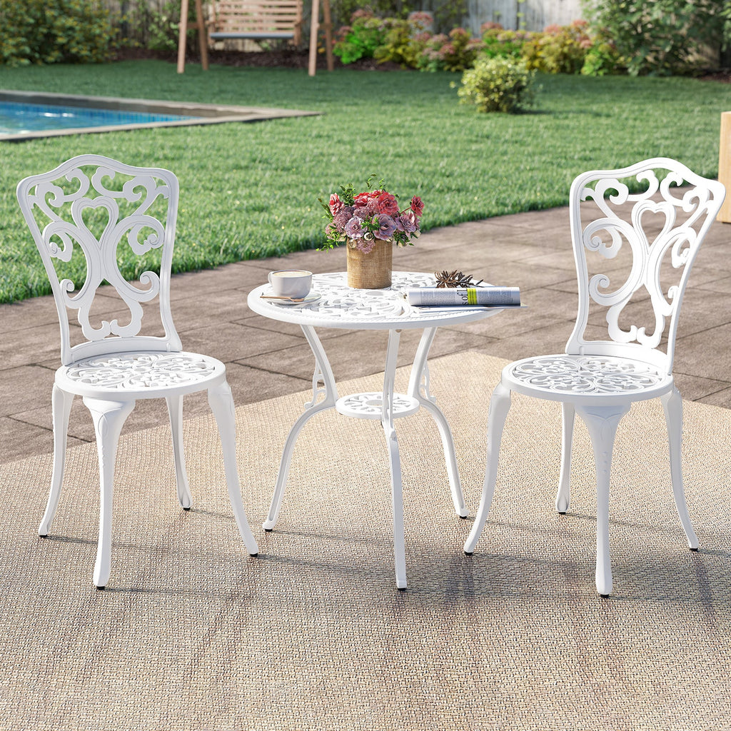 3 Piece All Weather Cast Aluminum Bistro Chairs and Table with Umbrella Holes-White
