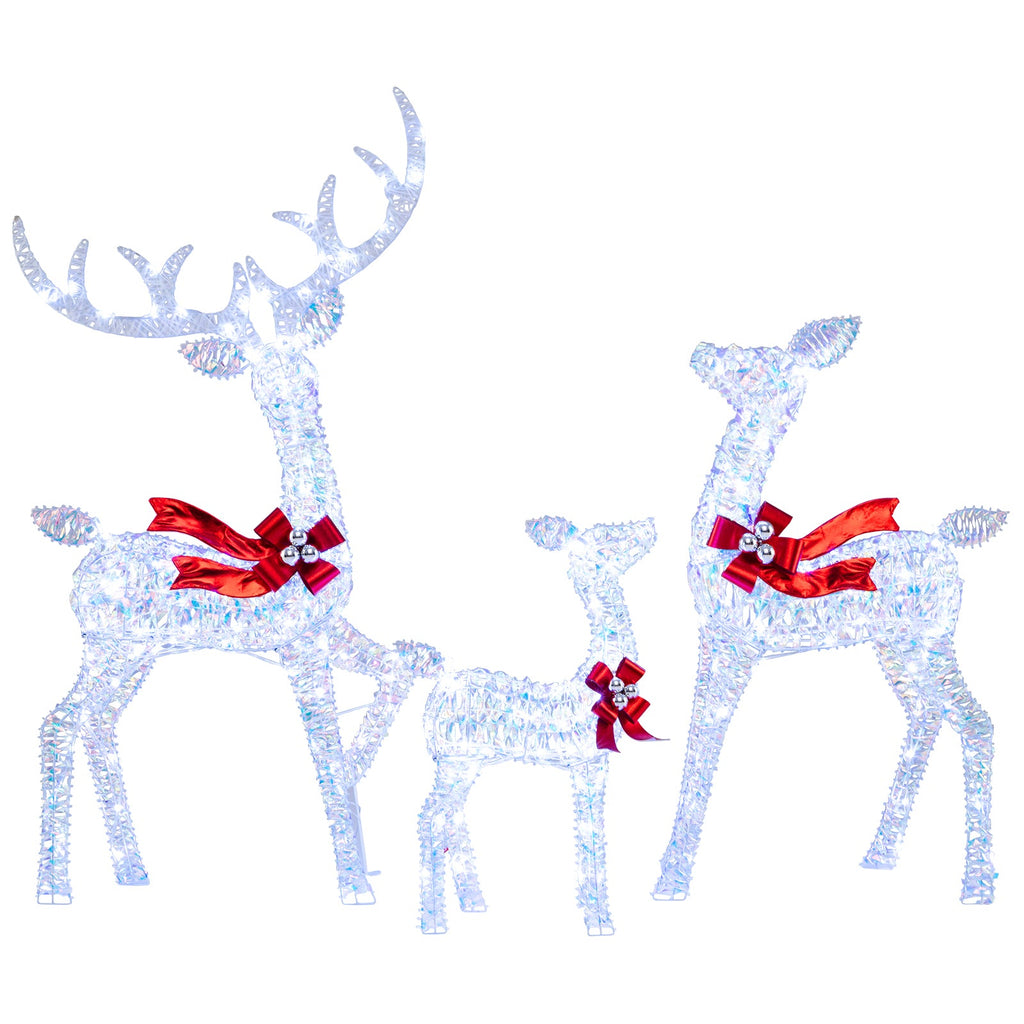3-Piece Christmas Lighted Iridescent Reindeer Family Set with 215 Cold White LED Lights and Ground Stakes