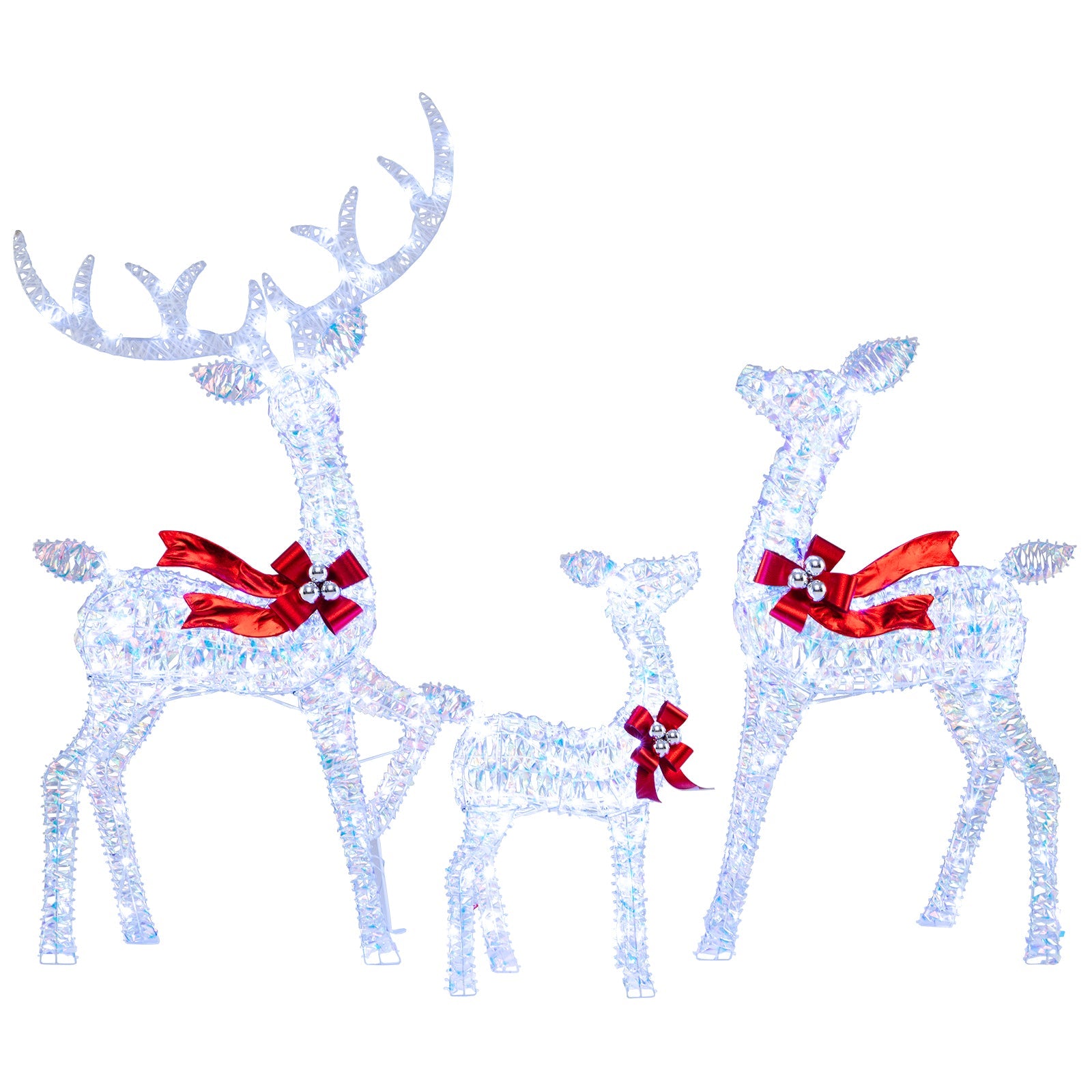 3-Piece Christmas Lighted Iridescent Reindeer Family Set with 215 Cold White LED Lights and Ground Stakes