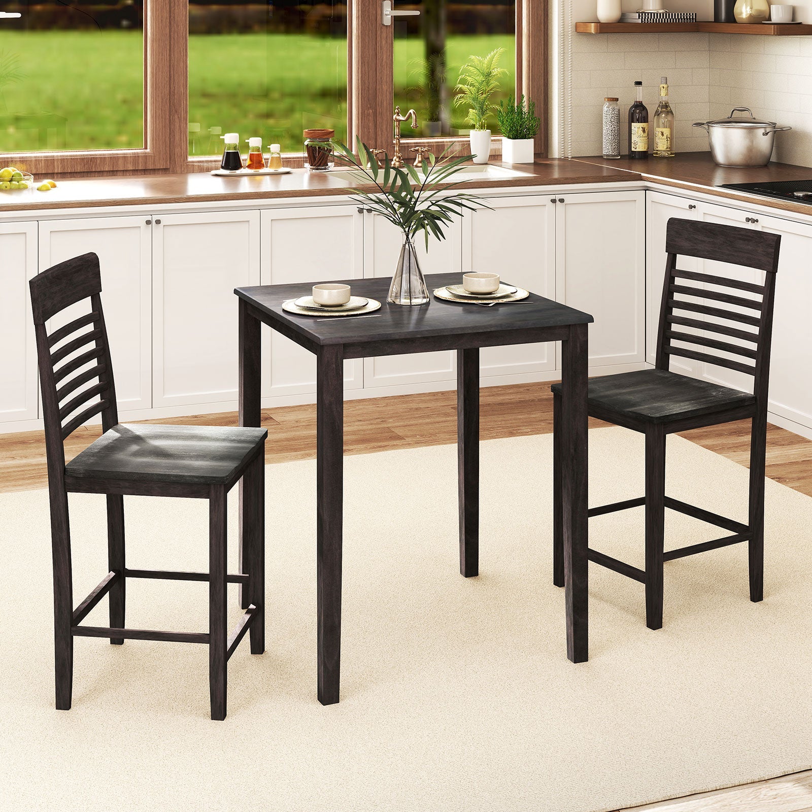 3-Piece Counter-Height Dining Table Set for 2 with Rubber Wood Frame and Footrest