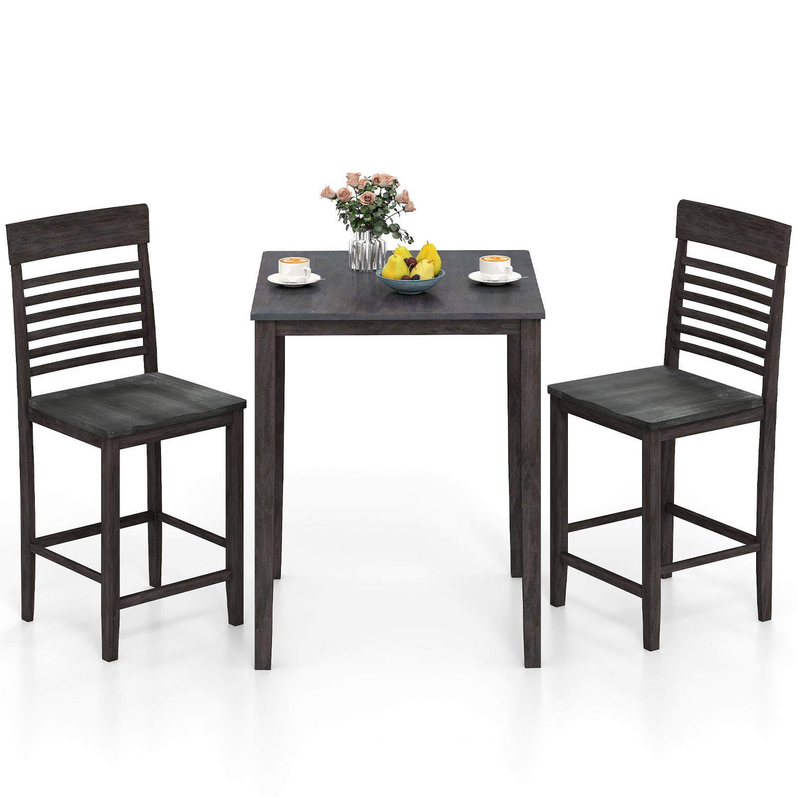 3-Piece Counter-Height Dining Table Set for 2 with Rubber Wood Frame and Footrest