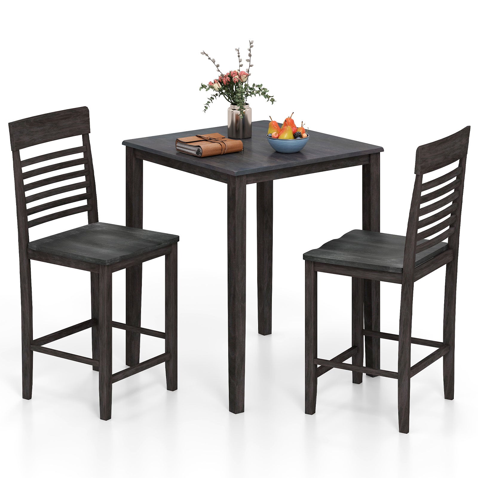 3-Piece Counter-Height Dining Table Set for 2 with Rubber Wood Frame and Footrest