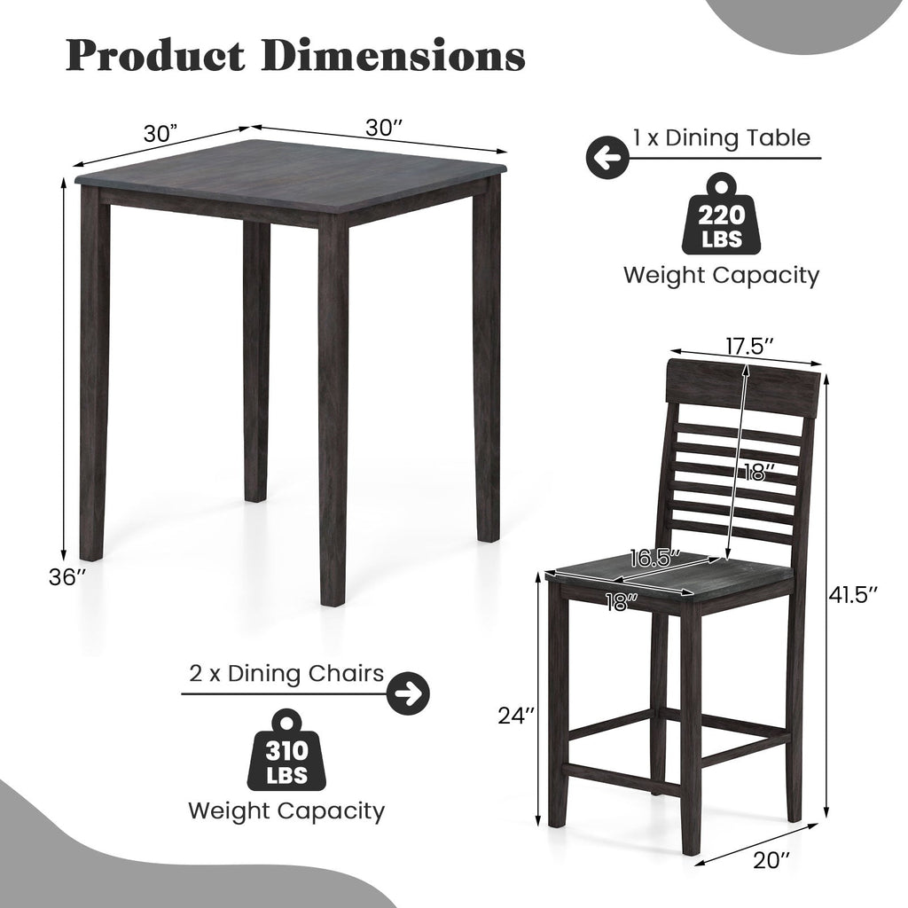 3-Piece Counter-Height Dining Table Set for 2 with Rubber Wood Frame and Footrest