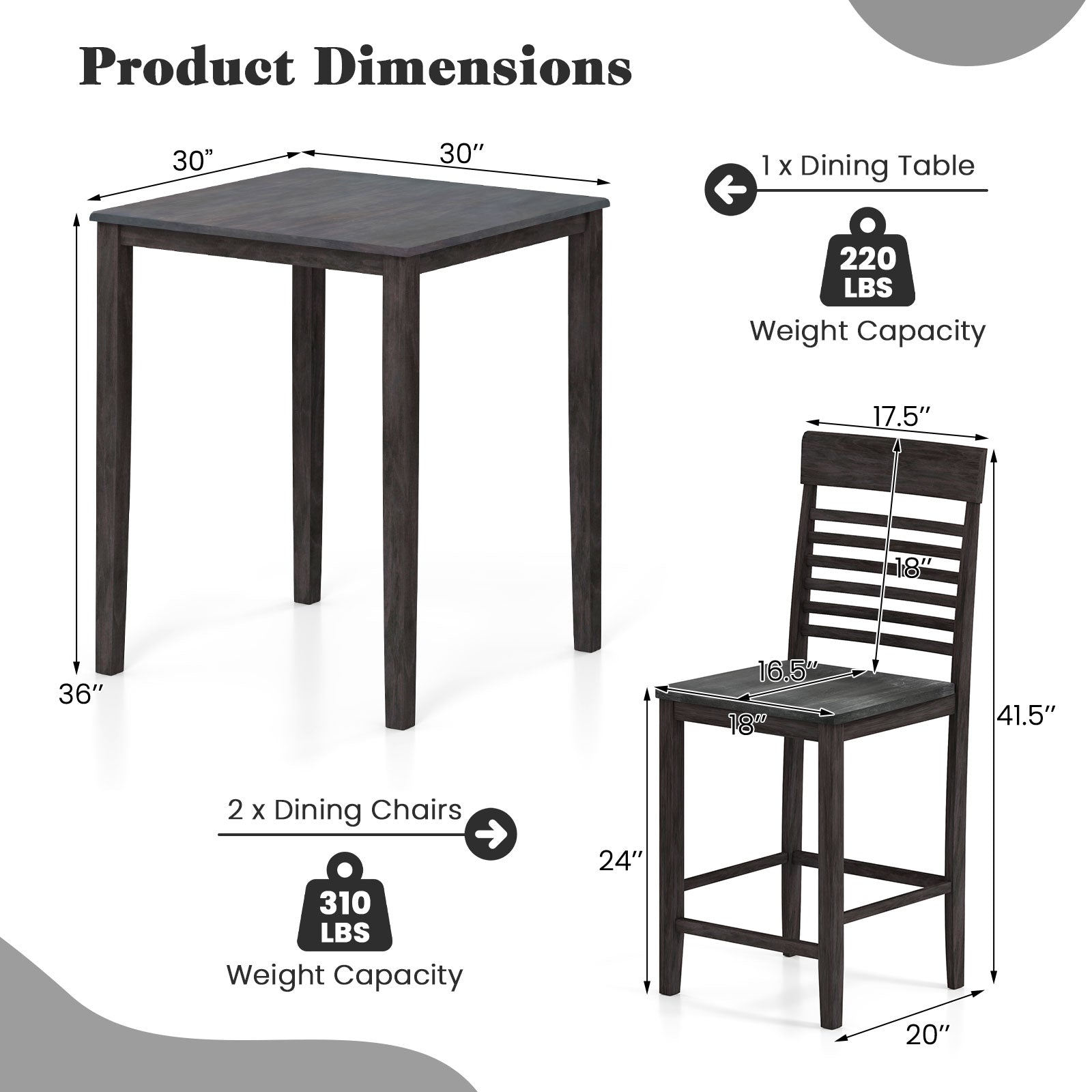 3-Piece Counter-Height Dining Table Set for 2 with Rubber Wood Frame and Footrest