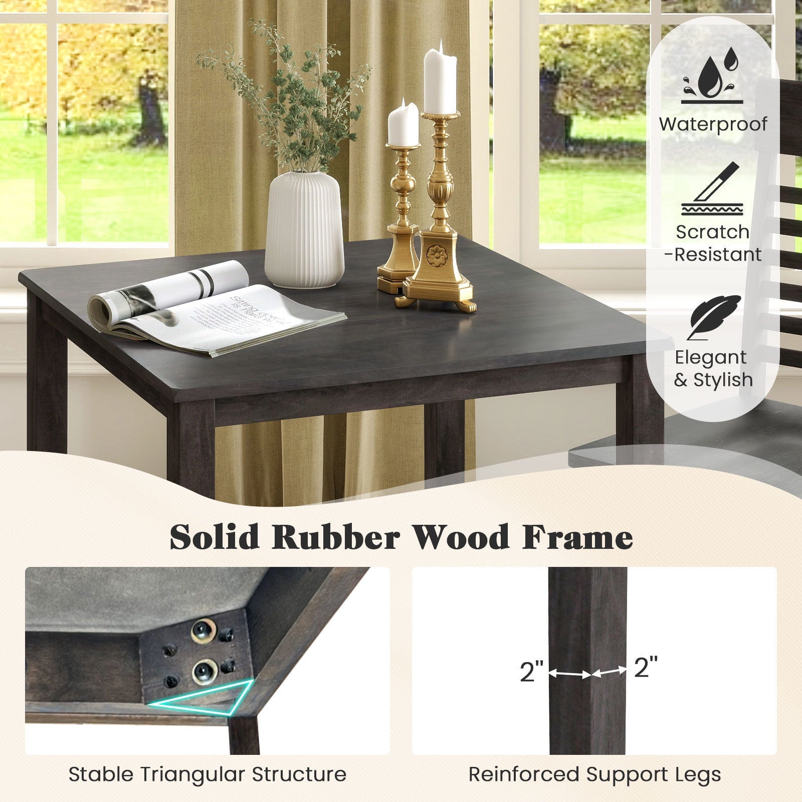 3-Piece Counter-Height Dining Table Set for 2 with Rubber Wood Frame and Footrest