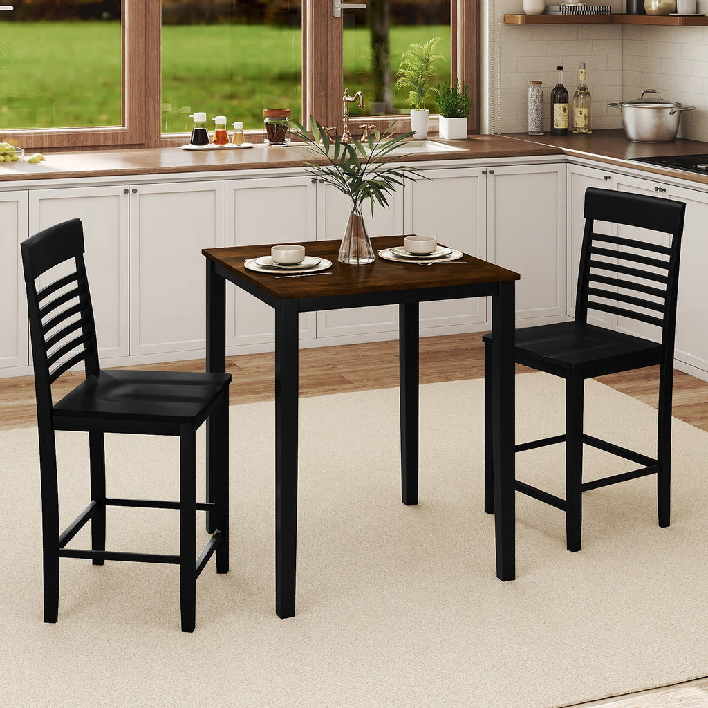 3-Piece Counter-Height Dining Table Set for 2 with Rubber Wood Frame and Footrest
