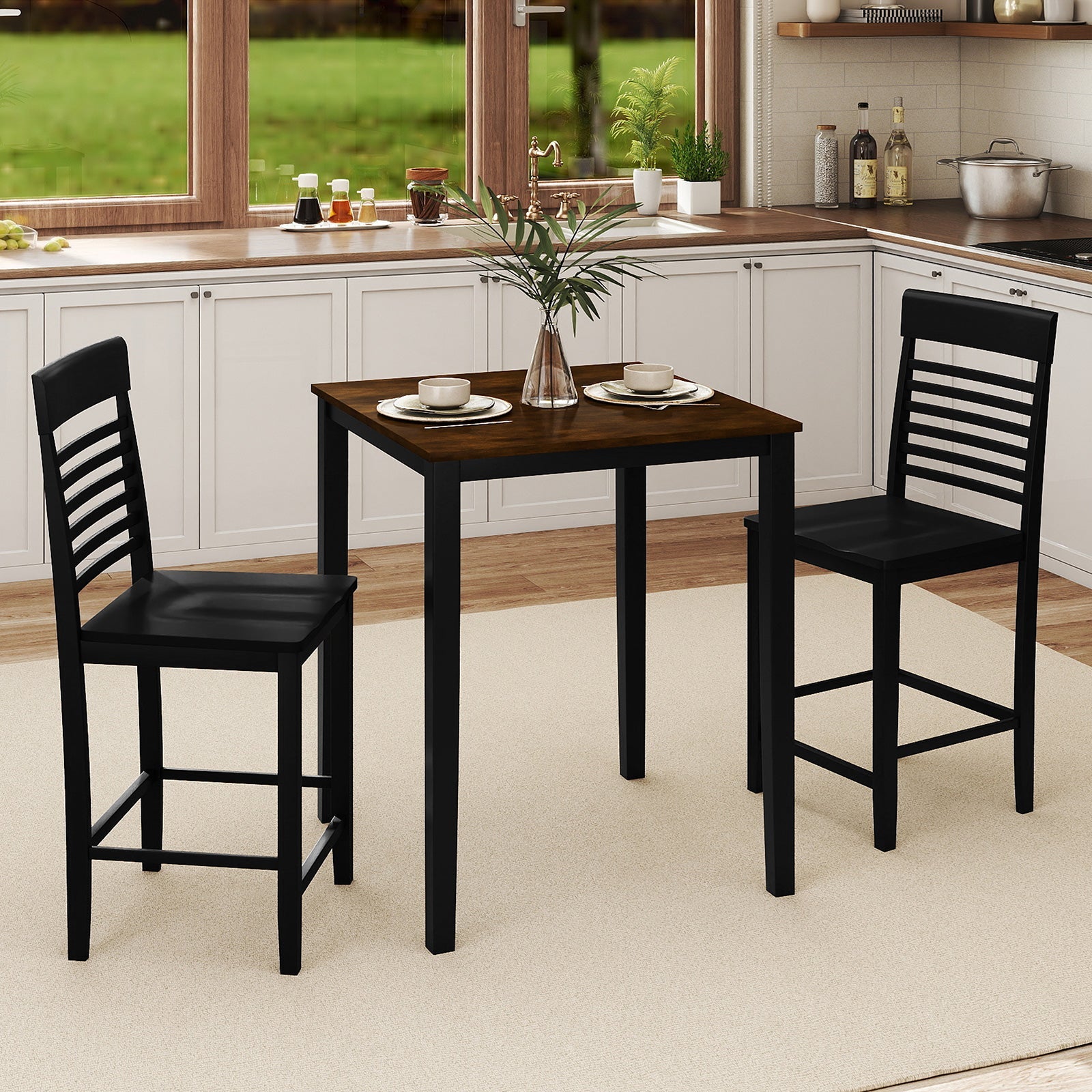 3-Piece Counter-Height Dining Table Set for 2 with Rubber Wood Frame and Footrest