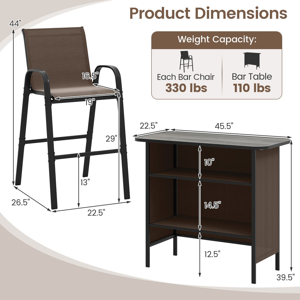 3 Piece Outdoor Bar Set with Footrest and 2-Tier Shelf