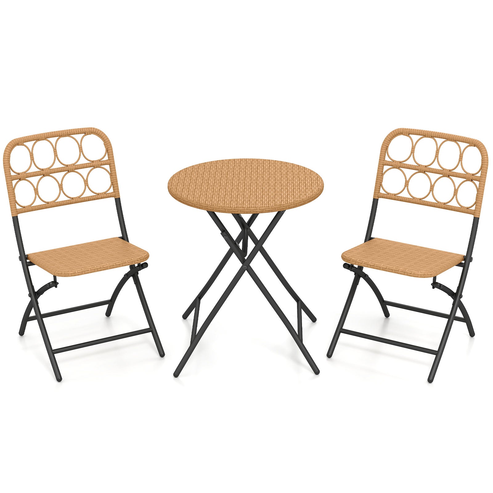 3 Piece Patio Bistro Set Folding Round Table and Chairs with Wicker Seat