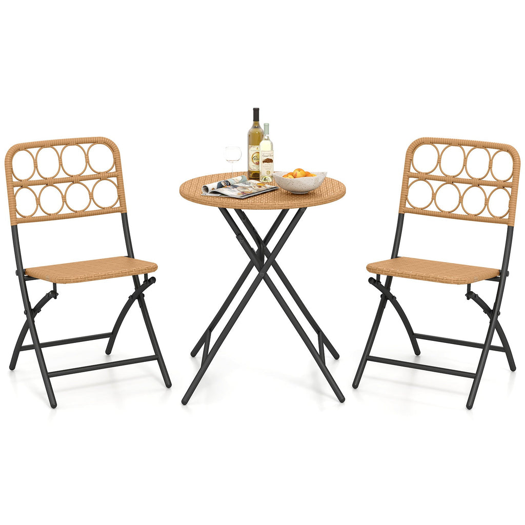 3 Piece Patio Bistro Set Folding Round Table and Chairs with Wicker Seat