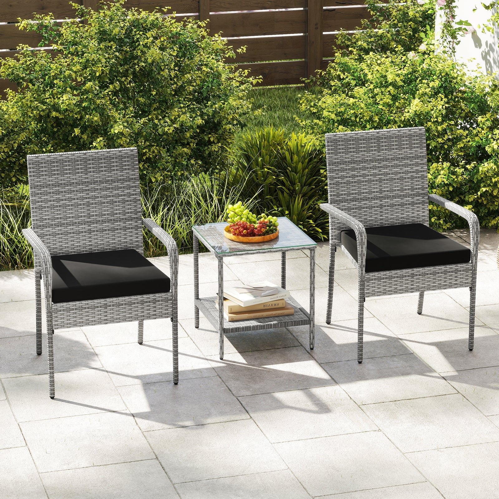 3 Piece Patio Furniture Set with Seat Cushions and Tempered Glass Tabletop for Balcony