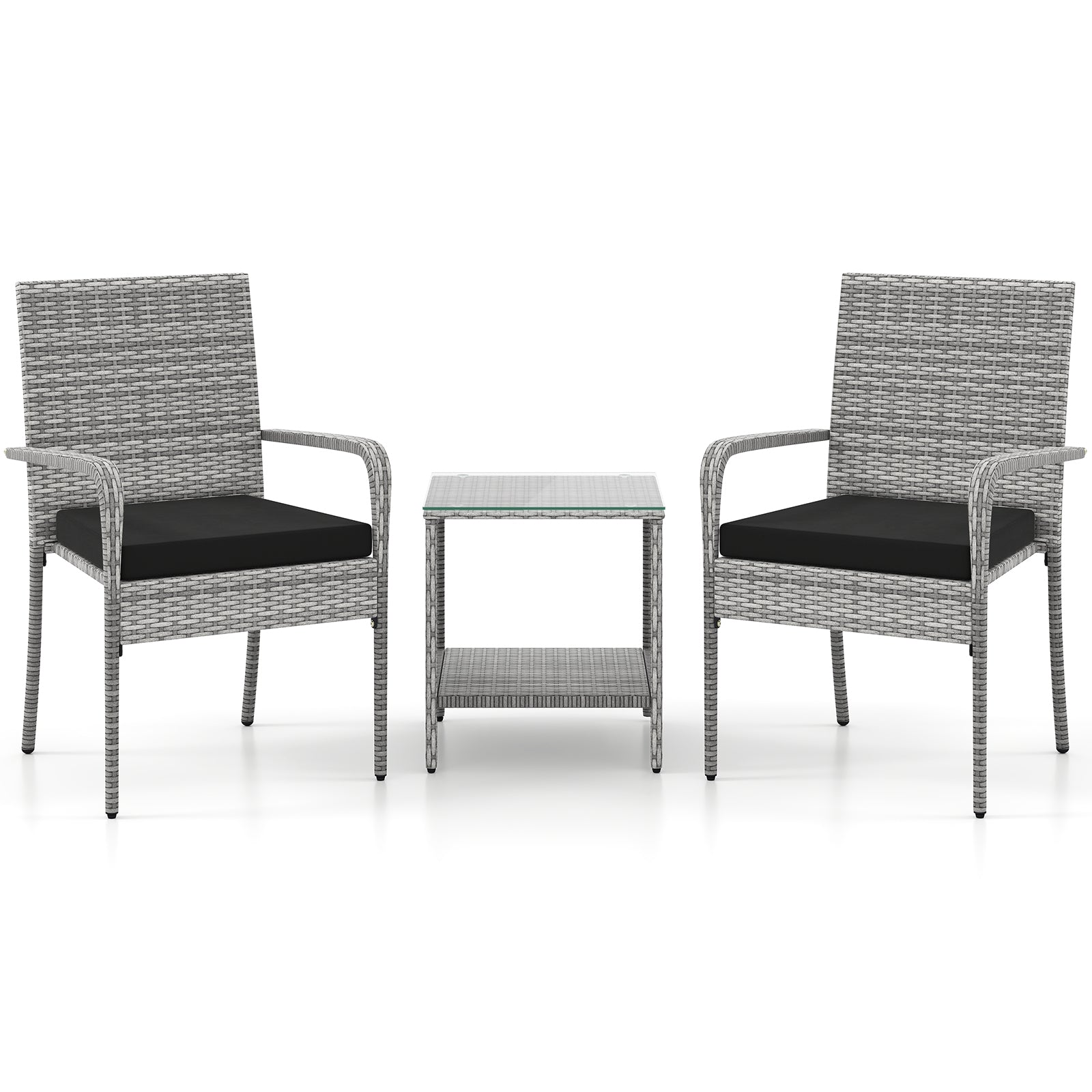 3 Piece Patio Furniture Set with Seat Cushions and Tempered Glass Tabletop for Balcony