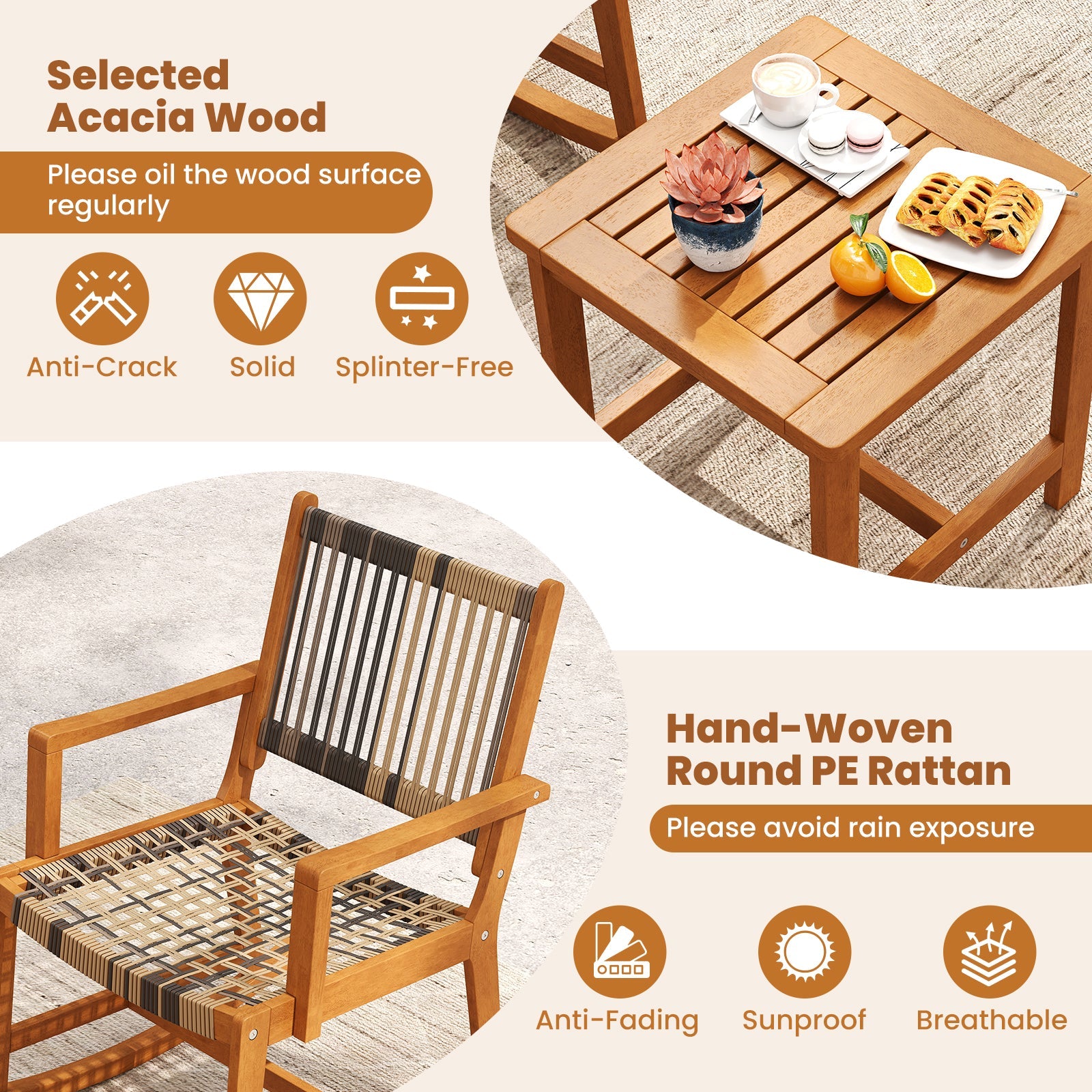 3 Piece Patio Rocking Set Acacia Wood Rocker Bistro Set with Rattan Seat and Back