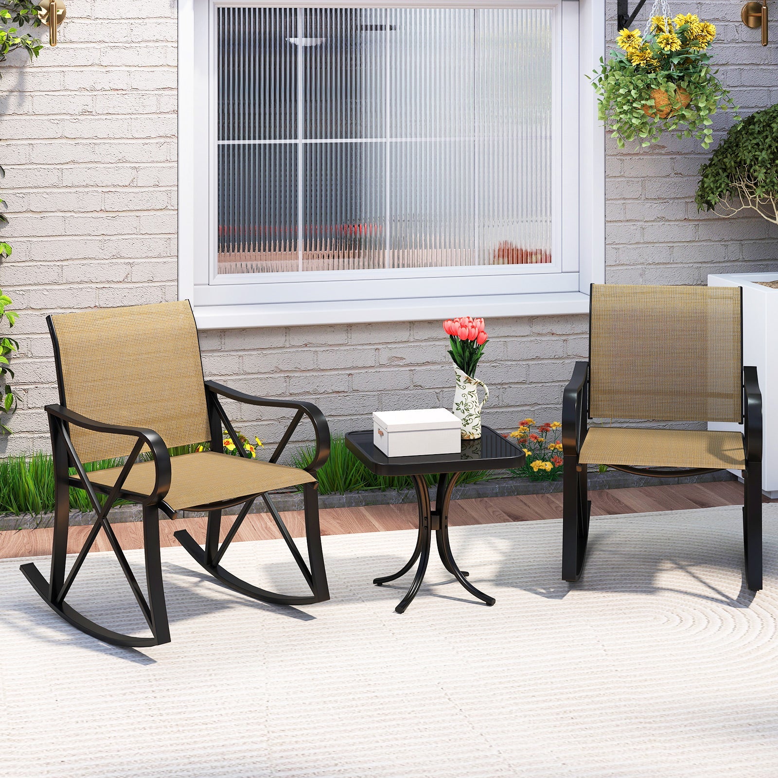 3 Piece Patio Rocking Set with Smooth Rocking Motion Outdoor Rocker Chair Bistro Set