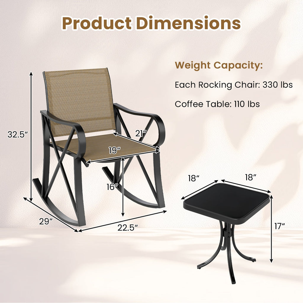 3 Piece Patio Rocking Set with Smooth Rocking Motion Outdoor Rocker Chair Bistro Set