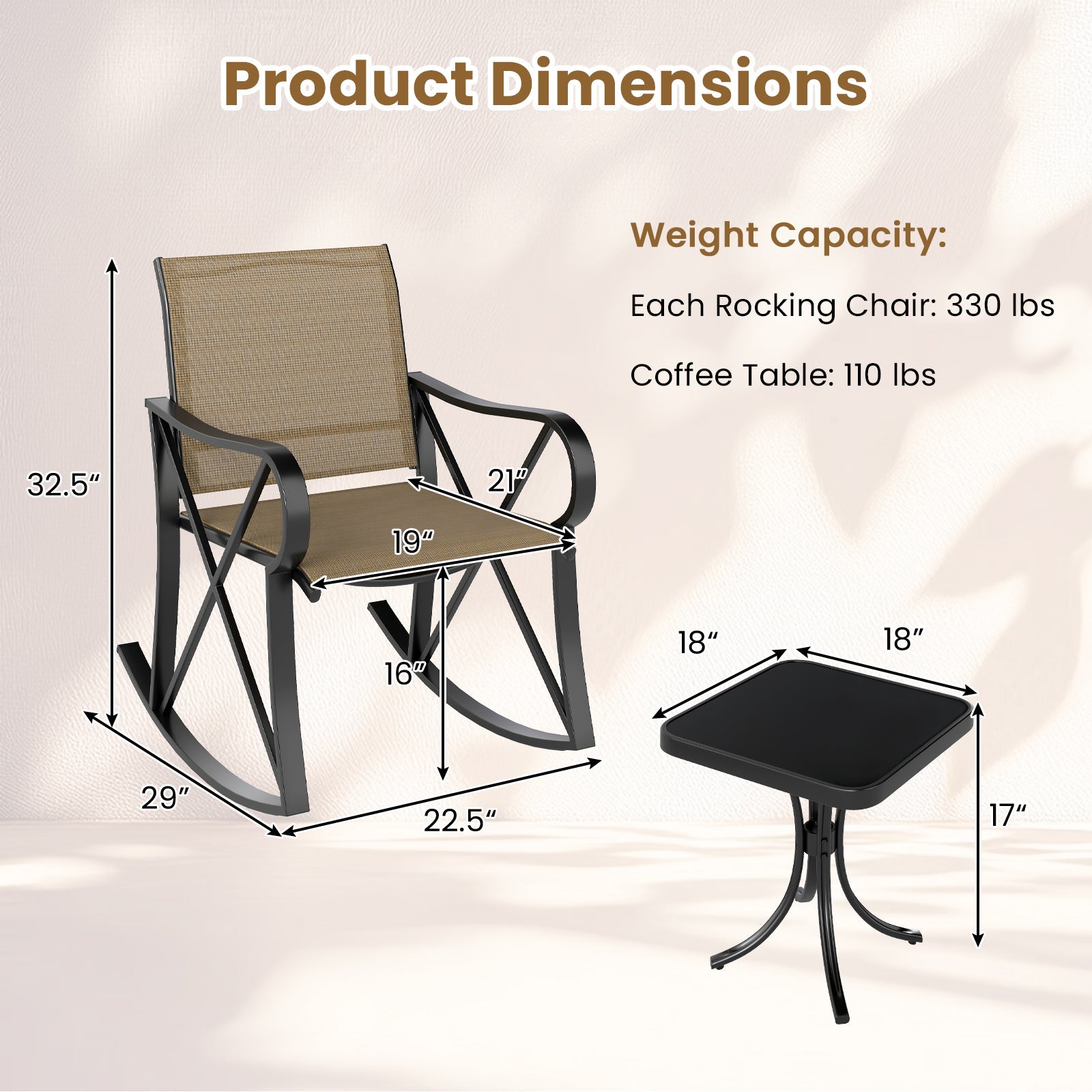 3 Piece Patio Rocking Set with Smooth Rocking Motion Outdoor Rocker Chair Bistro Set