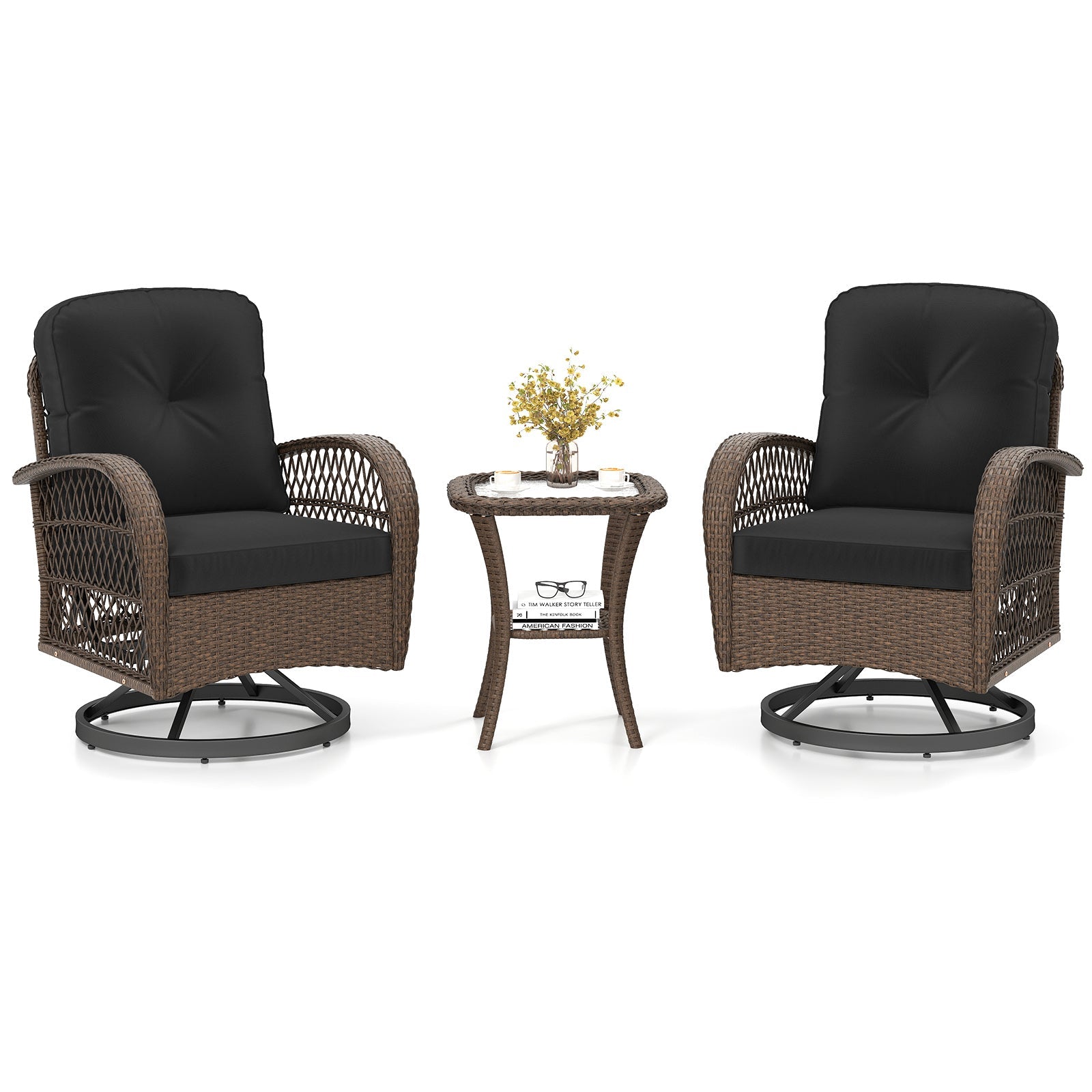 3 Piece Patio Swivel Rocker Set with Tempered Glass Side Table and Thick Cushions